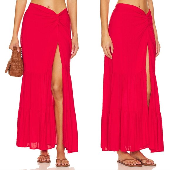 PEIXOTO Valentina Maxi Skirt in Red Sangria Lotus Sexy Slit XL - Picture 2 of 7